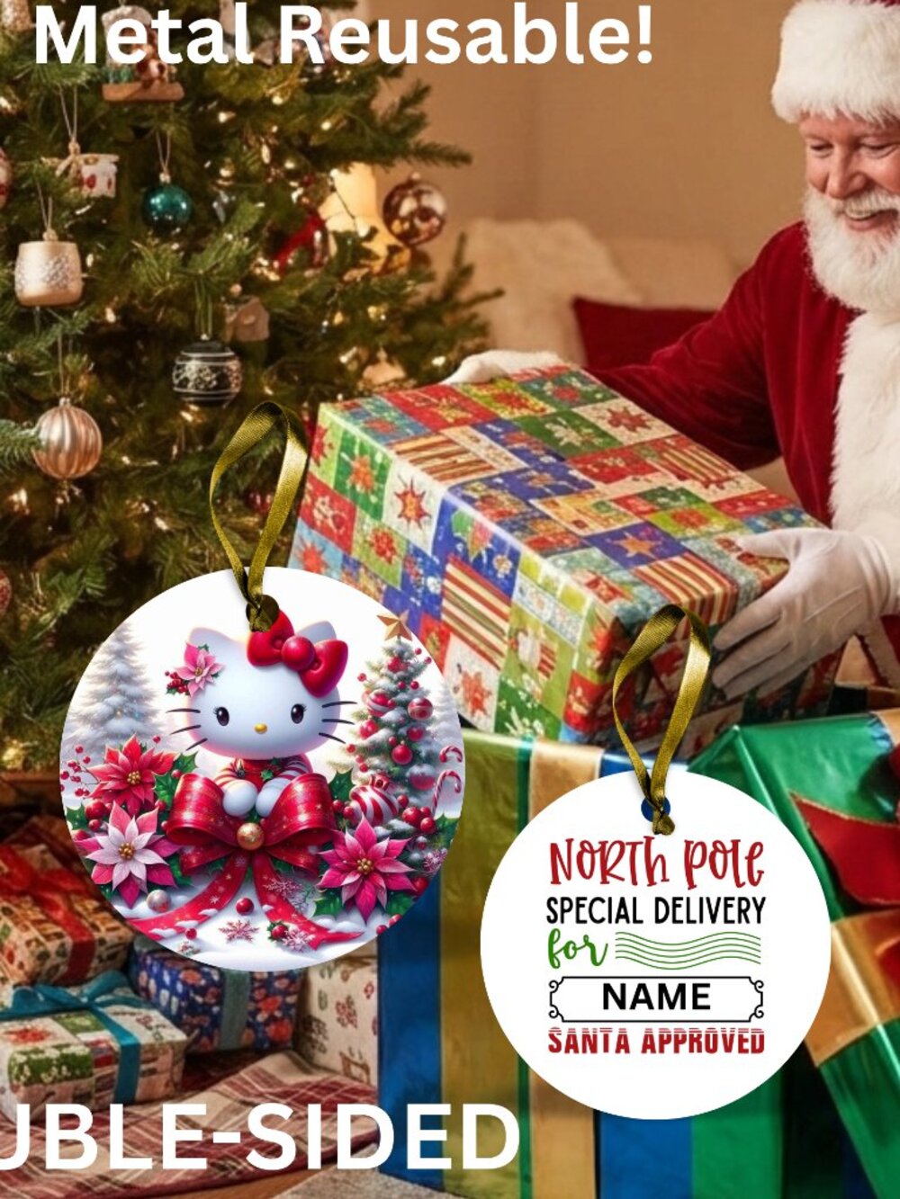 Hello Kitty Santa Reusable Metal Christmas Tag Personalized